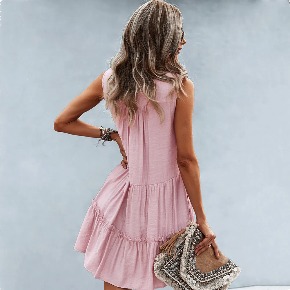 

Office Lady V-Neck Sexy Solid Color Ruffle Stitching A-Line Pullover Dress 2021 Summer Sleeveless Big Swing Dress For Women Robe