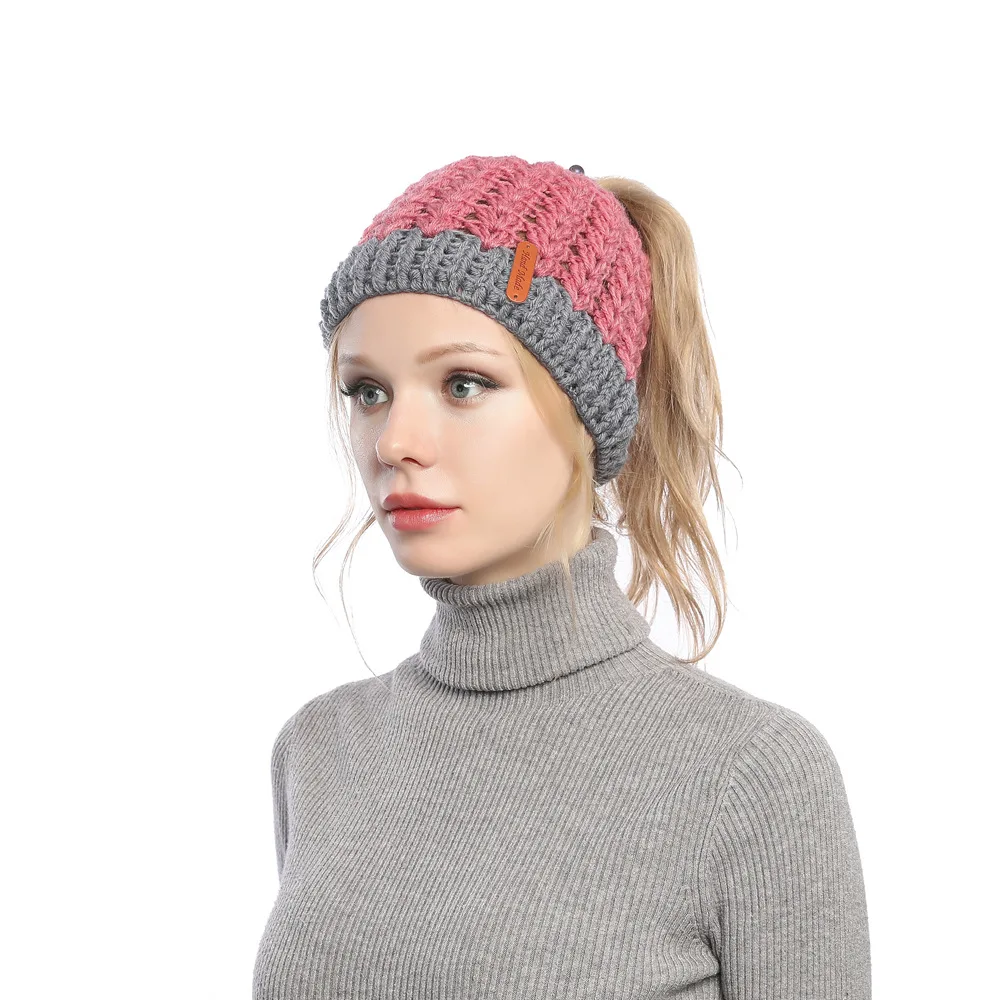 Europe, America, autumn and winter, new, matching, hole, cap, cap, empty top, knitted wool cap, ponytail cap, warm hat