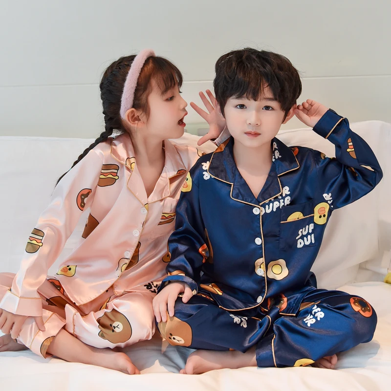 Детская шелковая атласная пижама для маленьких мальчиков и девочек Осень зима