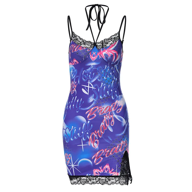 

Adora Women's Sexy Mini Dress Faintly Transparent Lace Border Tube Pattern Print Halter Dresses Side Slit Hot Girls Style