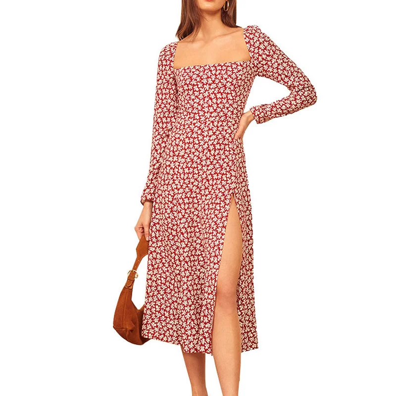 

Женское платье с квадратным вырезом, винтажное элегантное платье миди с длинным рукавом и цветочным принтом, с высоким разрезом, весна-лето ...