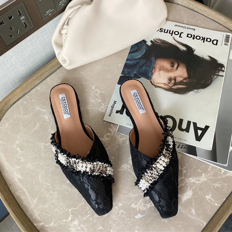 Lace Mules Shoes Women Flat Slippers Pearl Decoration Pointed Toe Female Fashion Slides Slip On Ladies Summer Autumn Loafers | Обувь