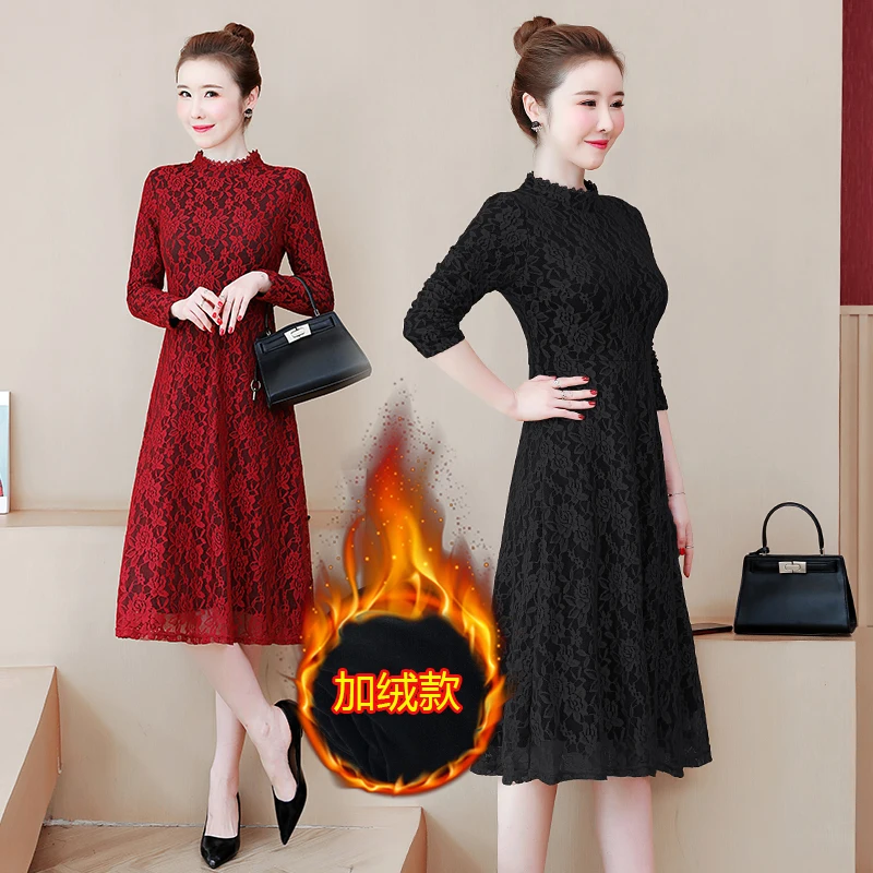 Женское кружевное зимнее платье размера плюс L-5XL теплое XXL XXXL 3XL XXXXL 4XL черное
