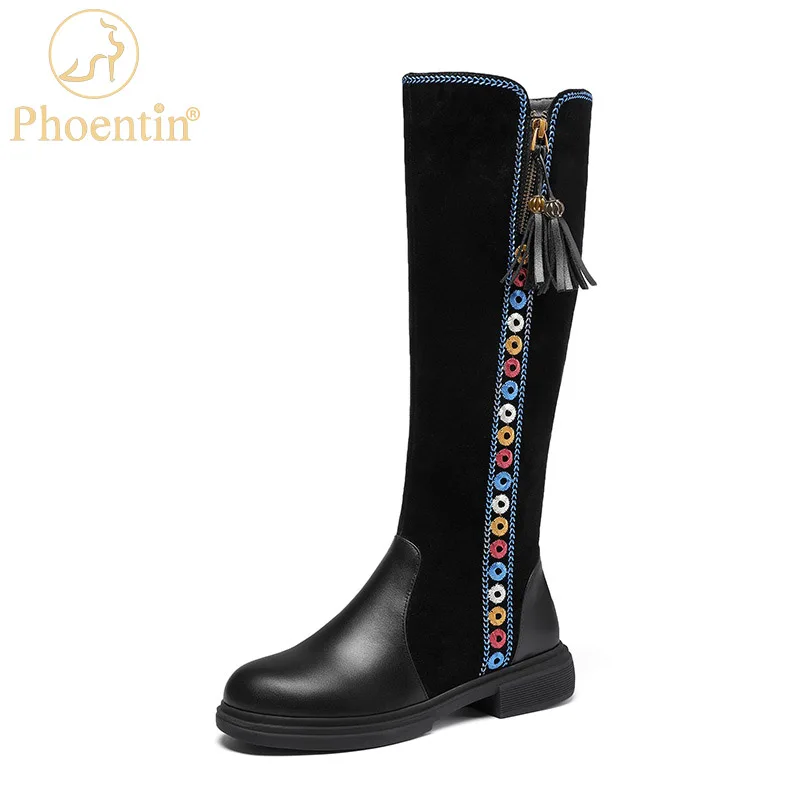 

Phoentin Black Ethnic embroider Genuine leather round toe Knee high boots women's 2021 winter mid heels Long riding boot FT1744