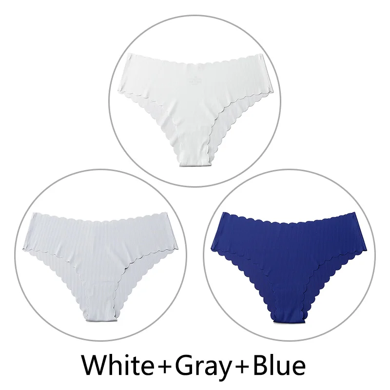 White Gray Blue 3 шт./партия, сексуальные бесшовные трусики с оборками для женщин, полосатые трусы с низкой посадкой, цельное нижнее белье, женское нижнее белье, американский размер xs-l - Цвет: White Gray Blue