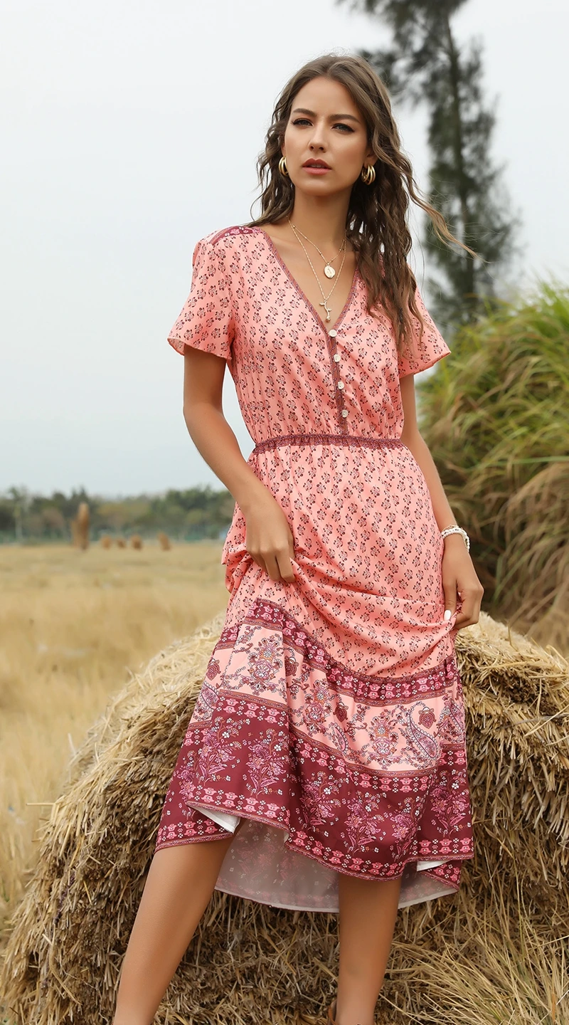 Винтажное платье с V-образным вырезом и коротким рукавом длинное пляжное в стиле