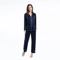 women long sleeve loungewear two piece silk pajamas set v neck notched collar with white trimmed sleepwear button down pj set