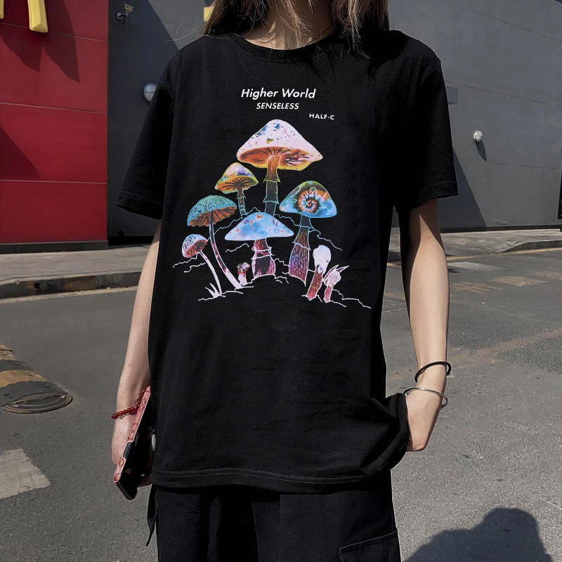 Футболка в стиле Харадзюку с разноцветным принтом грибов Уличная Повседневная