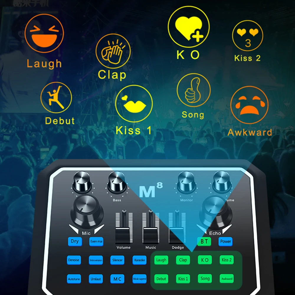 

Muslady Live Sound Card Universal Audio Card BT Accompaniment Sound Adapter Multiple Sound Effect for Live Streaming Recording