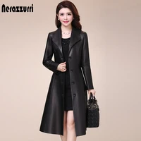 nerazzurri spring autumn long black soft faux leather coat women long sleeve buttons slim fit elegant leather jacket women 2021
