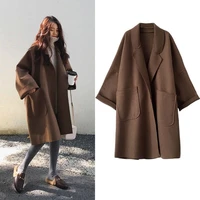 womens autumn winter long faux wool coat outerwear 2021 ladies korean cashmere female loose overcoat clothes windbreaker jacket