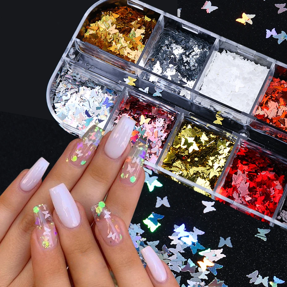 

12 Grids Nail Glitter Sequins Irregular Mixed Flakes Paillette Tips Round Star Chrome Pigment DIY Nail Art Decoration