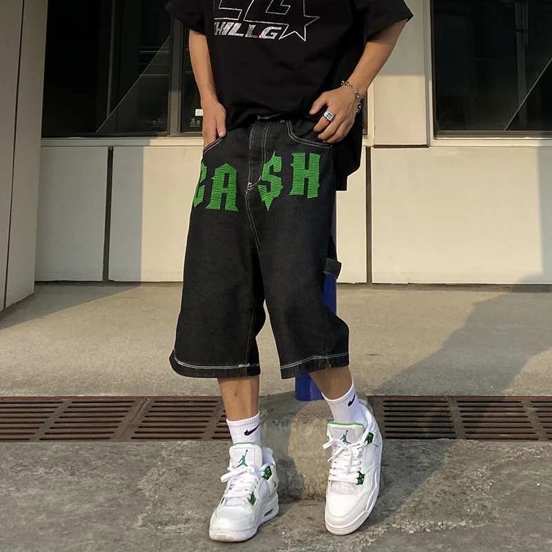 

Letter Embroidery Jeans Five Point Pants Mens Summer Pockets High Street Retro Oversize Denim Shorts Loose Hip Hop Casual Short