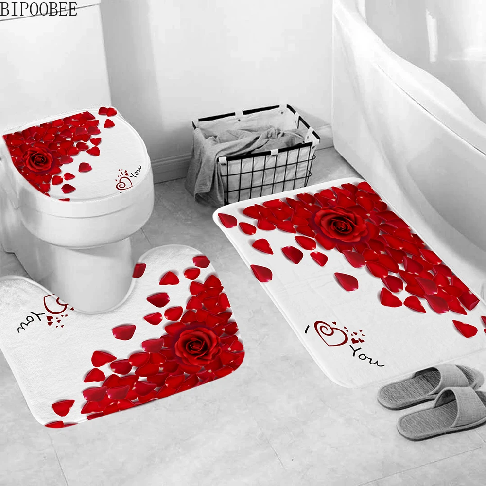 Красные цветы занавеска для ванной лепестки роз коврик фланелевый чехол унитаза