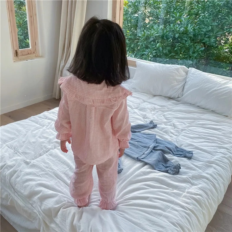 Korean Plaid Baby Girl Clothes set Long Pants Long-sleeved Home Service suit Cotton Kids Pajamas Children Sleepwear | Детская одежда и