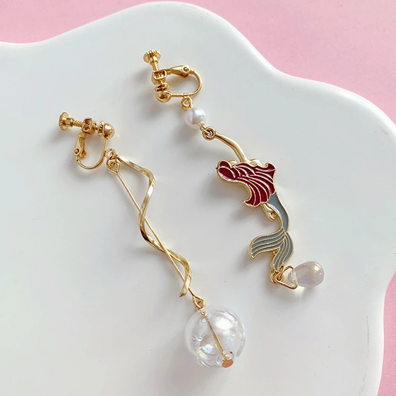 2019 Korea New Gold Color Asymmetric Animal Elephant Rabbit Bear Cat Ear cuff No Piercing Pearl Long Clip Earrings For Women | Украшения и