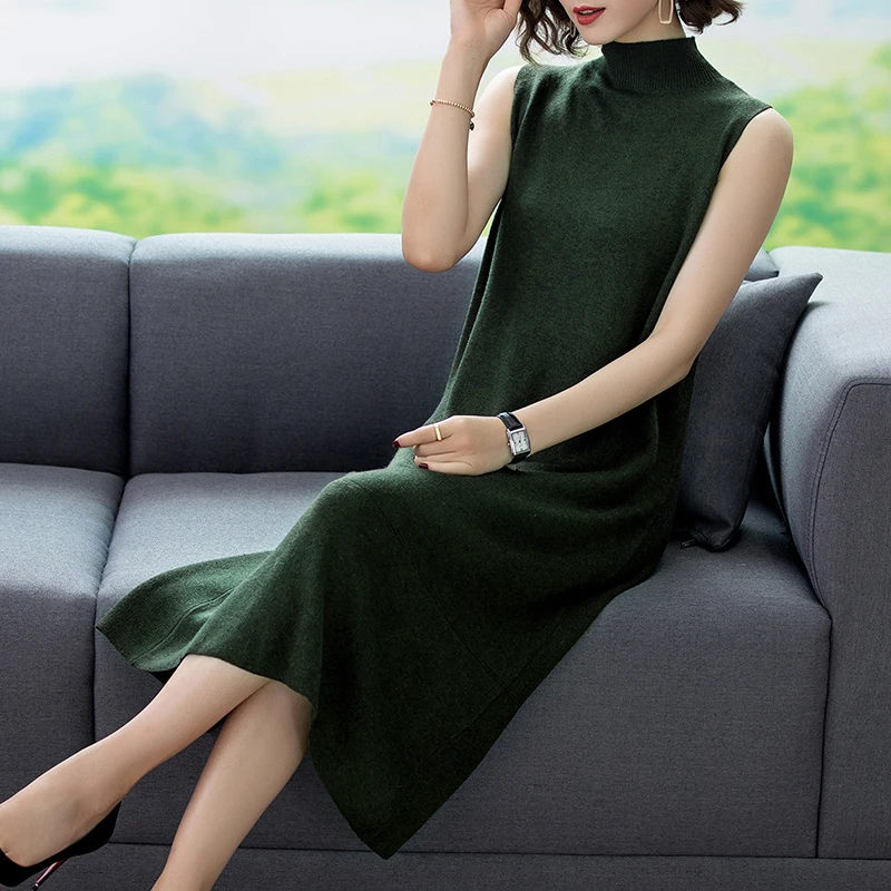 Lady's Cashmere Sweater Half Turtleneck Sleeveless Basic Dress Autumn Winter Female Slim Long Pullover Knit Wool D | Женская одежда
