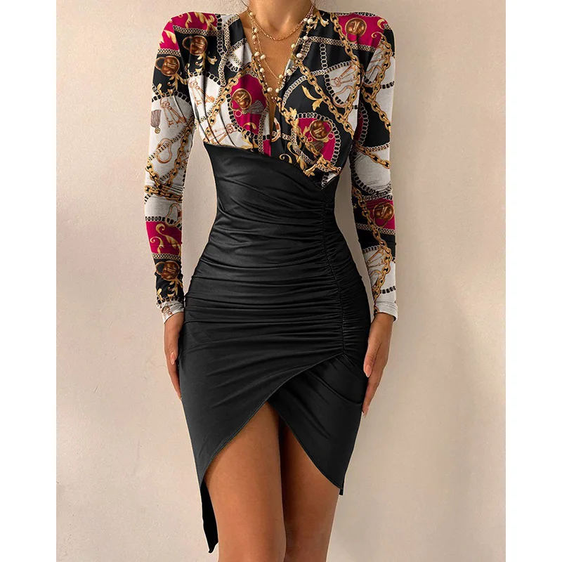 

Spring Autumn Ladies Elegant Party Hollow Out Fashion Printed Dress Women Clothing Sexy Retro Long Sleeve V-neck Slim Dresses