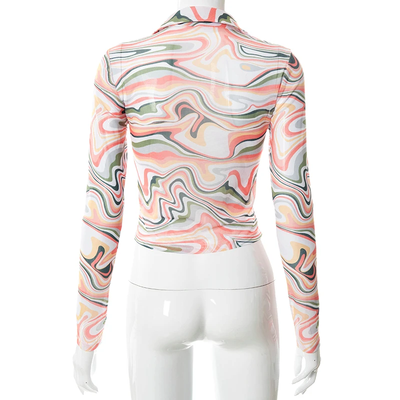 

Bomblook Casual Fashion Women's Printed Y2K Crop Tops Summer 2021 Turn Down Collar Long Sleeve Button Female Shirts Streetwears