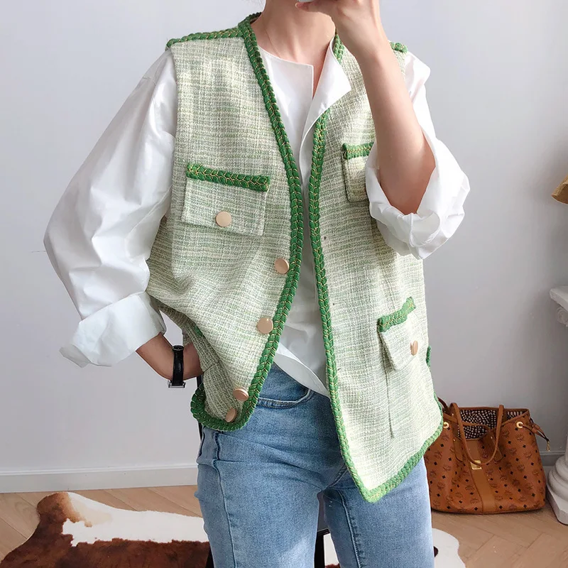 Женский твидовый жилет в клетку HLHPYHB с зелеными полосками|Жилеты и безрукавки| |