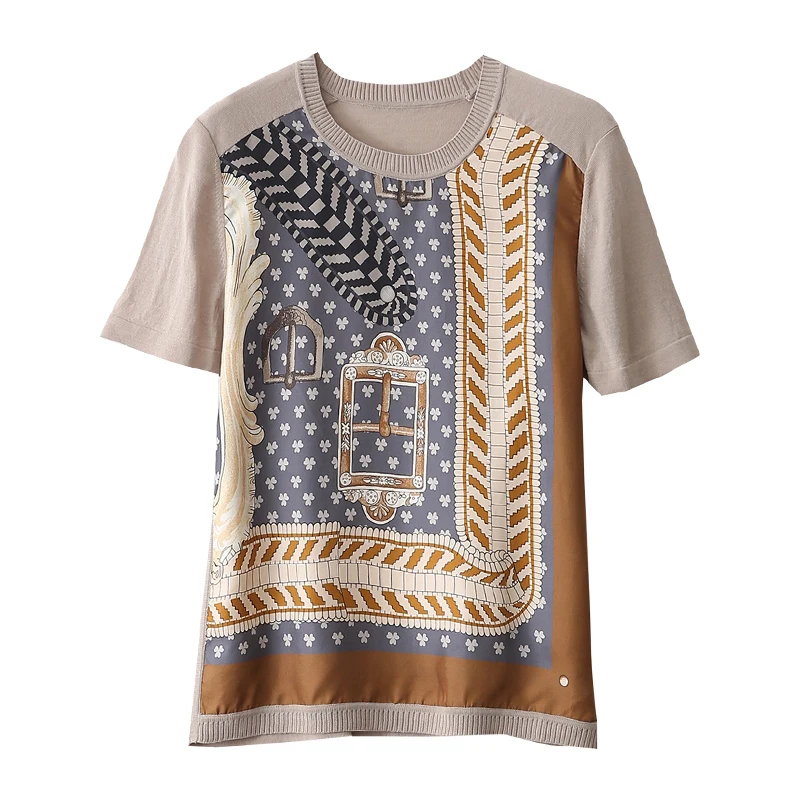 

Summer New Fashion Knitting Sweaters Women O Neck Slim Thin Print Spliced Knit Temperament Short Sleeve Knitted Pullover Female