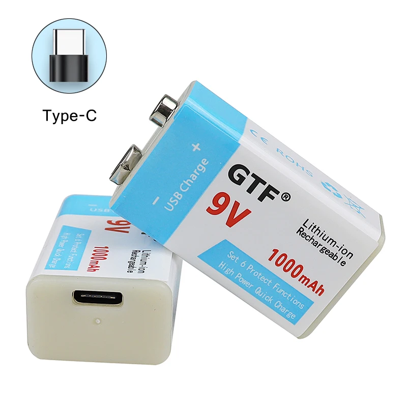 Аккумуляторная батарея 9 В литий-ионная 1000 мА/ч Литиевые Батарейки USB type-c для