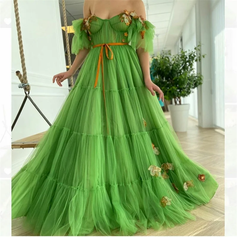 

Green Evening Gowns Off the Shoulder Sweep Train A Line Prom Dresses Ruffles Appliques Vestidos Formal Robe De Soirée