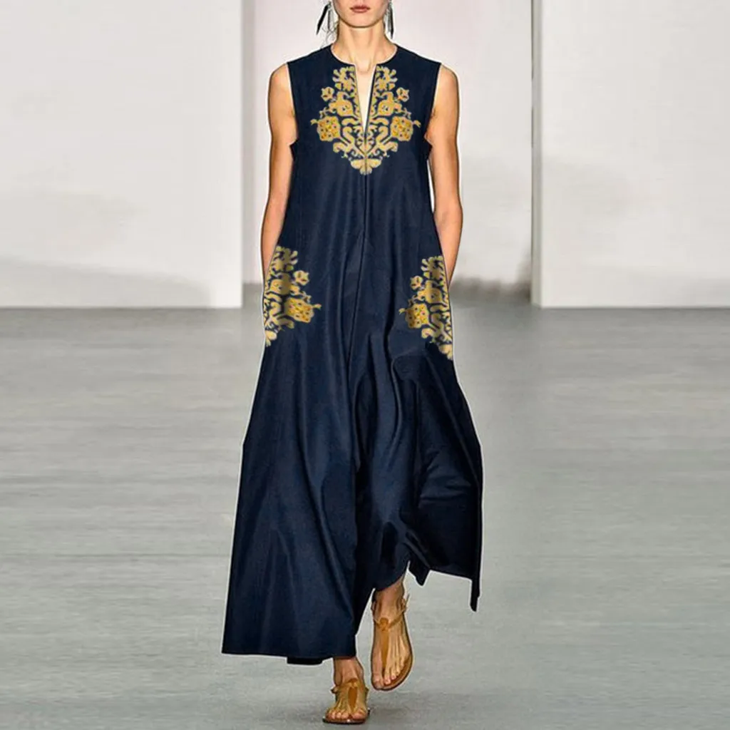 

Wear For Woman Comfortable Women Plus Size Vintage Daily Casual Sleeveless Printed Floral V Neck Maxi Dress Free Shipping