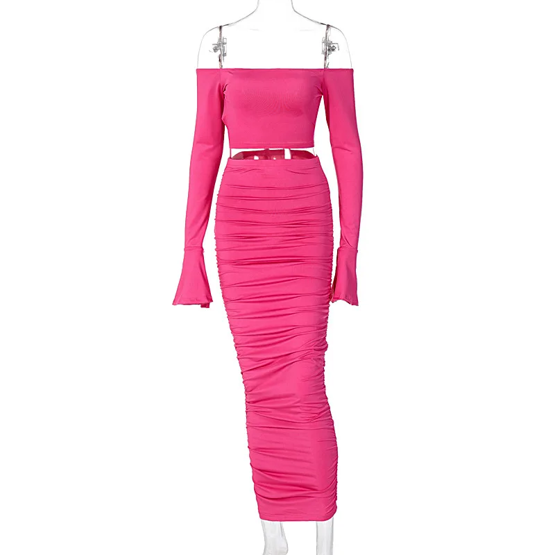 

Casual Two Piece Set Crop Top + Skirt Women Long Sleeve Gray Sexy Bodycon Long Dress Rose Red Wrap Club Party Maxi Dresses