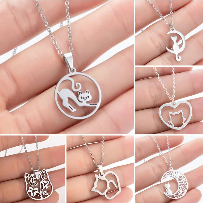 

2021 New Stainless Steel for Women Girl Cute Animal Cat Moon Pendant Necklace Kitten Fox Necklace with Cats Jewelry Party Gifts