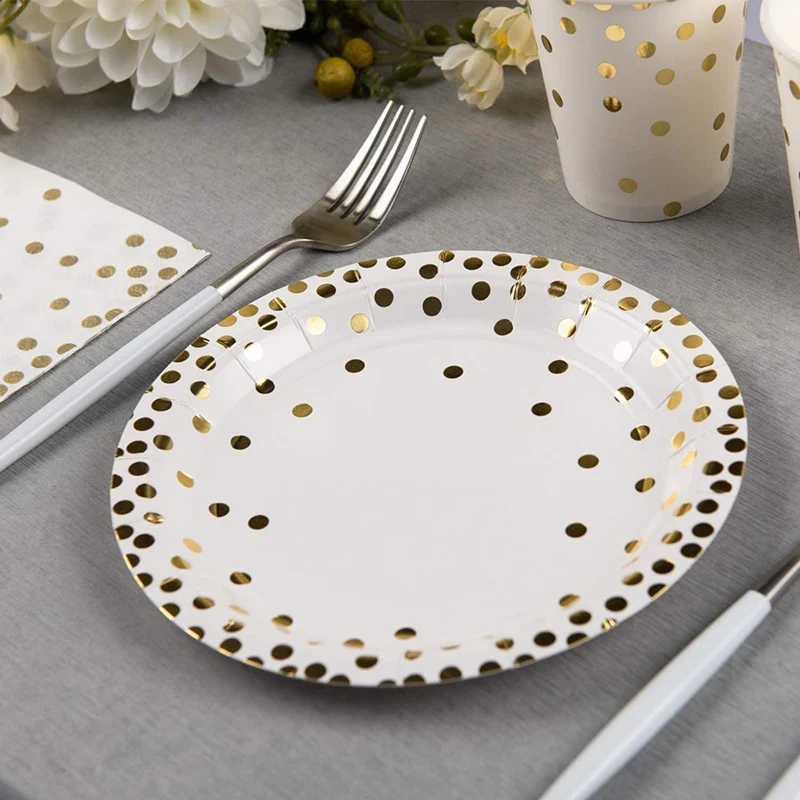 

180 Pcs Disposable Tableware for Party Use with Golden Dots Disc Plate Drink Cup Dinner Plate Dinner Plate Dessert Plate