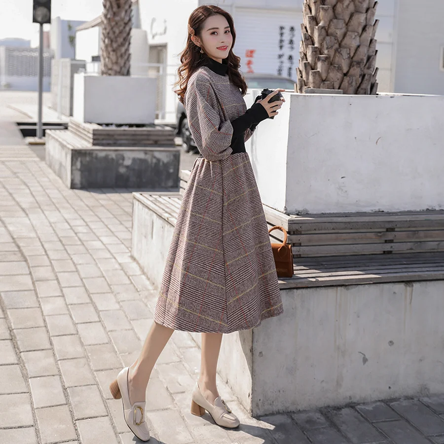 Длинное клетчатое платье в Корейском стиле на осень и зиму винтажное приталенное