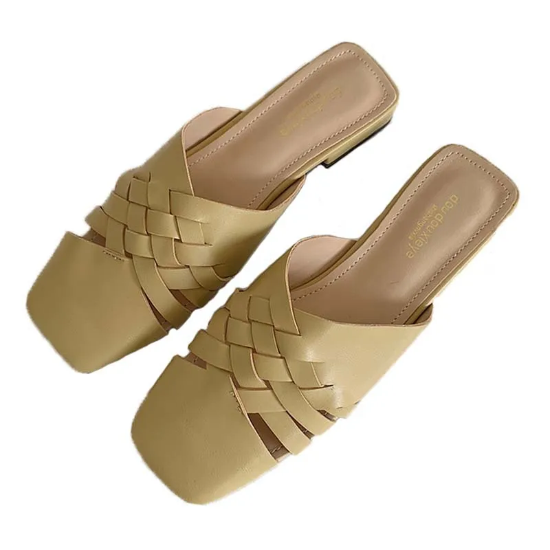 

Shoes Low Woman's Slippers Cover Toe Slides Fashion 2021 Square Luxury Basic Hoof Heels Fabric Fretwork PU Rubber Shoes Woman's