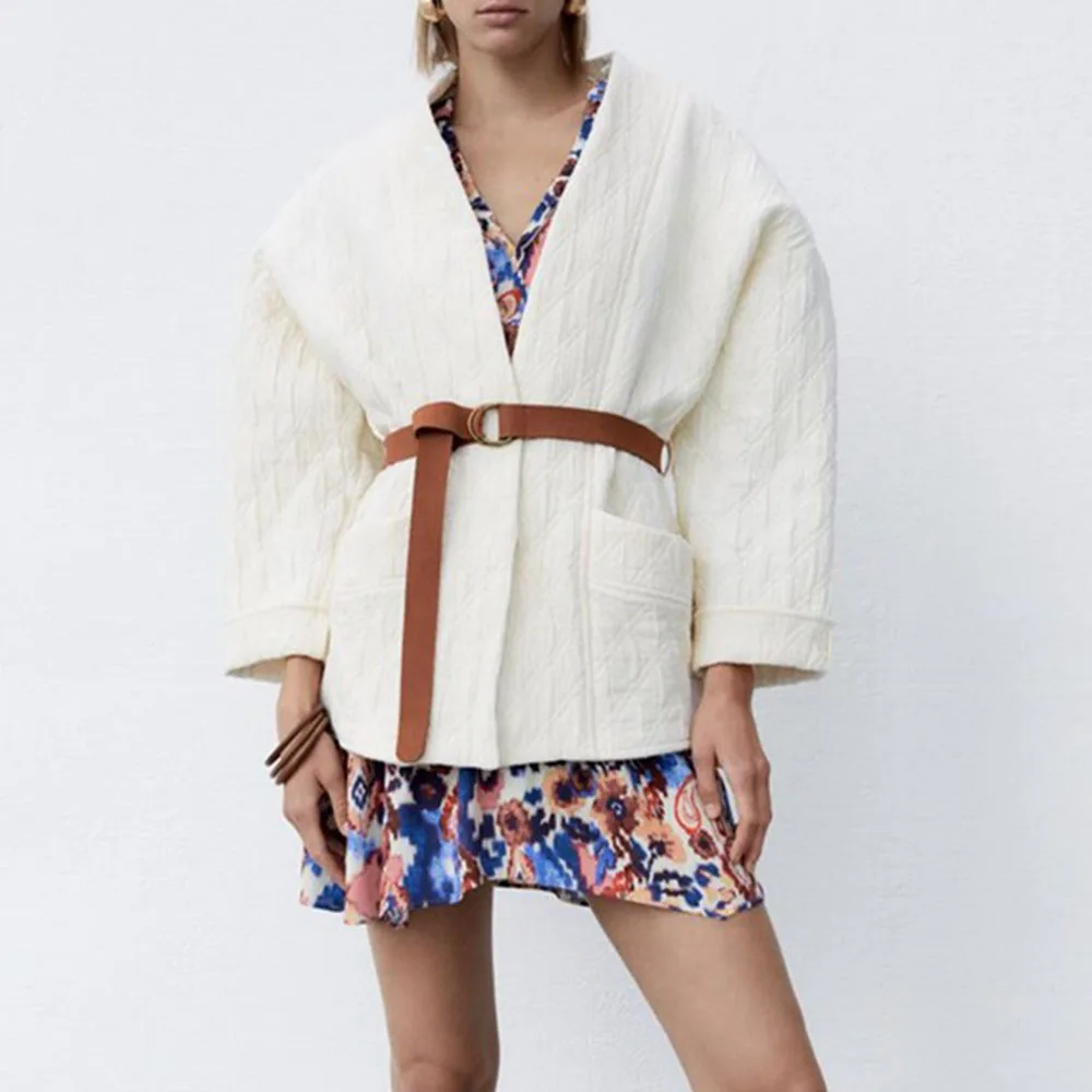 

DiYiG WOMAN 2021 autumn new European and American style women's wear belt ornament cotton-padded jacket jacket coat ZA