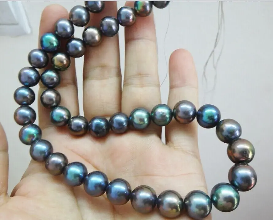 NEW 18'AAA 9-10MM TAHITIAN BLACK PEARL NECKLACE 925silver WHITE GOLD