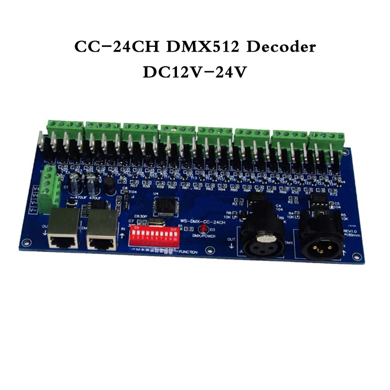 

24CH Dmx512 Decoder Common Cathode RGB Led Controller with switch RJ45 XLR 3P DC12V-24V MAX Output 3A Constant Voltage