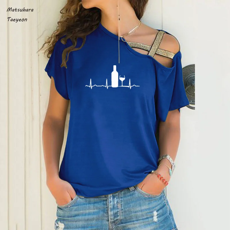 

New Graphic Tees Women Short-sleeve Tee Shirt Heartbeat Wine Funny T Shirts Casual Female Tops Tee Plus Size Women