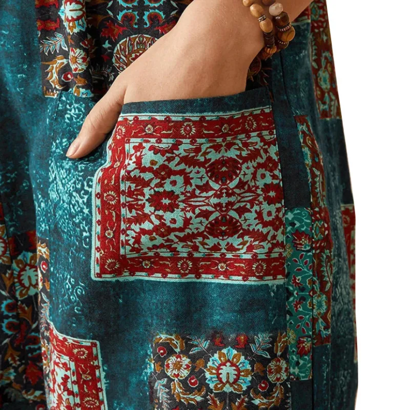 

Plus Size 3XL Women Printed Sleeveless Long Romper, Retro Style Loose Fit O-neck Jumpsuit with Pocket