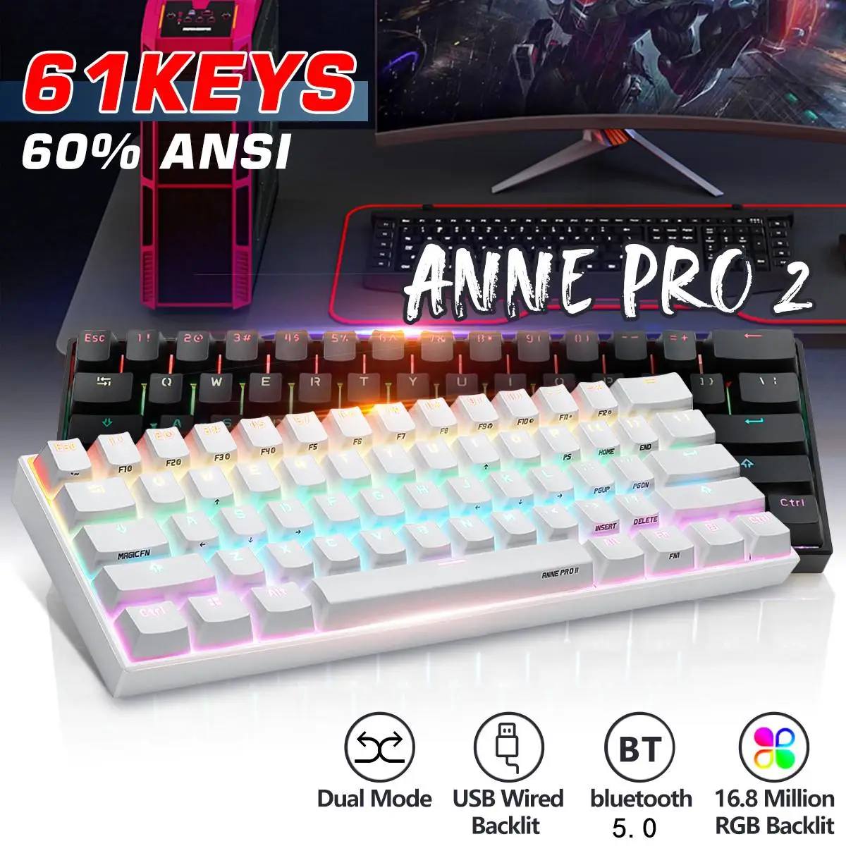 Anne Pro 2 NKRO bluetooth 5.0 Type-C RGB 60% Mini Mechanical Gaming Keyboard Gateron Kailh Red Brown Yellow Switch Keyboard