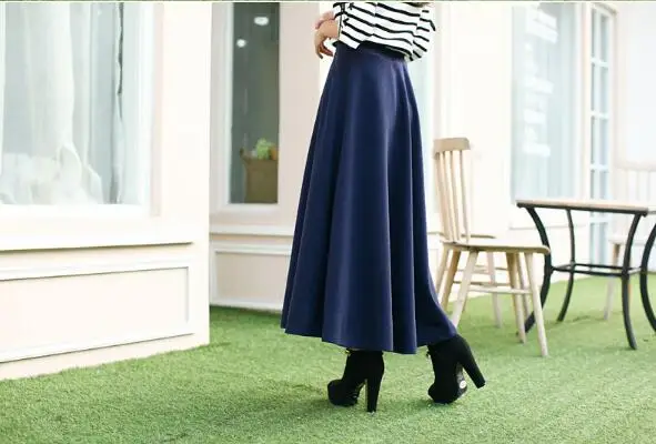 navy blue Зимняя Женская Длинная шерстяная юбка, модные базовые шерстяные юбки с высокой талией, женские повседневные плотные теплые эластичные трапециевидные макси юбки - Цвет: navy blue