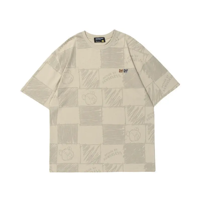 

Summer 2021 New Korean Style T shirt Women Loose Casual Plaid Bear Printed Short Sleeve Tshirt Female Student Vintage Couple Top