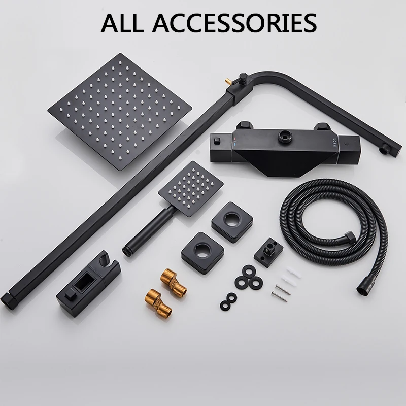 Black Thermostatic Bathroom Shower Faucet Set Rainfall 8 inch Shower Head High Quality Shower Crane Brass tub spout Mixer Taps