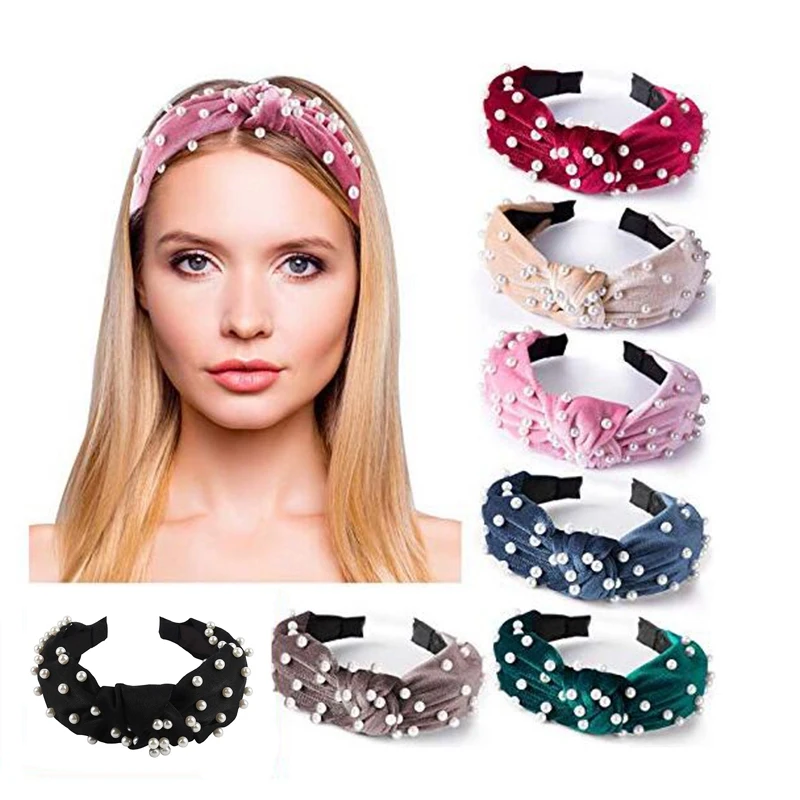 7 Pcs Top Knot Headband with Pearls Velvet Wide Headbands Artificial Pearl Turban for Women and Girls | Украшения и аксессуары