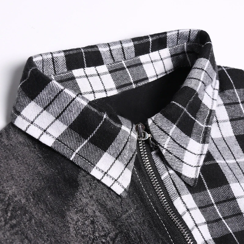 

CHICEVER Patchwork Denim Shirt For Women Lapel Collar Long Sleeve Plaid Zipper Hit Color Oversized Blouse Female 2020 Fall New