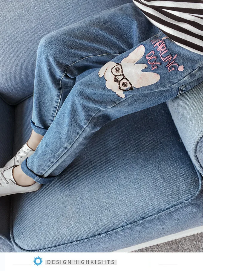 4~11T Spring Fall Youth Girls Casual Jeans Elastic Belt Denim Pants for the Teens Girl Pantolon Teenagers Dog Rabbit Embroidery | Детская