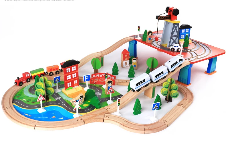 88pcs Montessori Wooden small train track set magnetic electric car head 3-7 years old boy building blocks children's toys