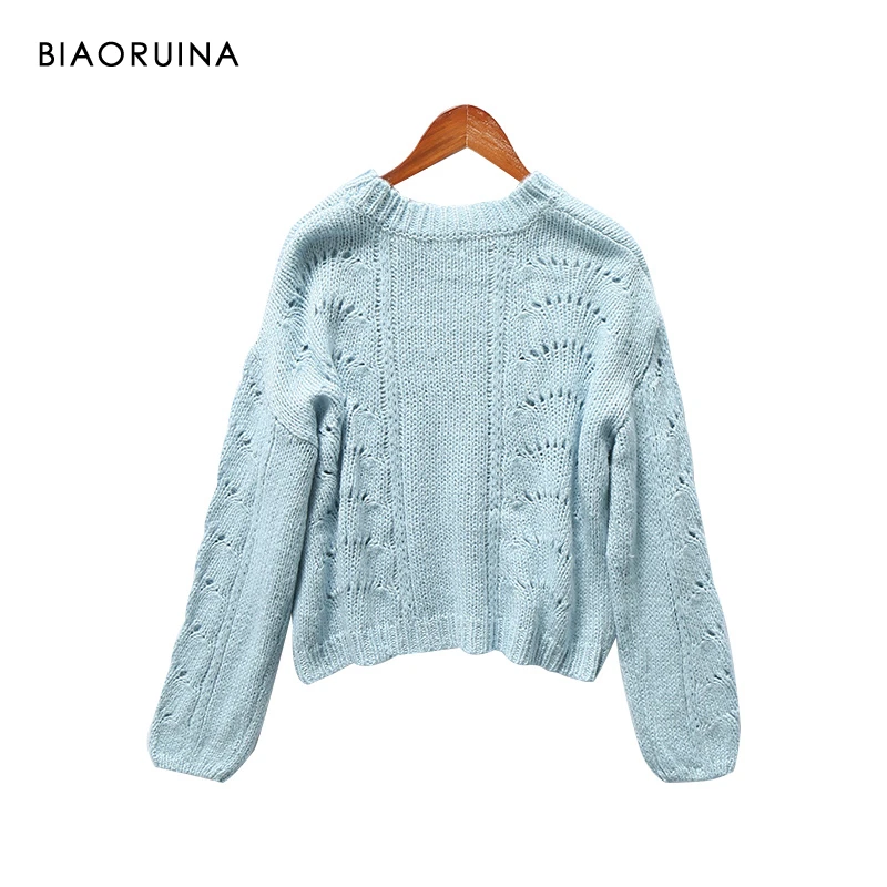 BIAORUINA, 4 цвета, женский корейский стиль, однотонный, с круглым вырезом, вязаный пуловер, женский, свободный, модный, короткий свитер, Новое поступление