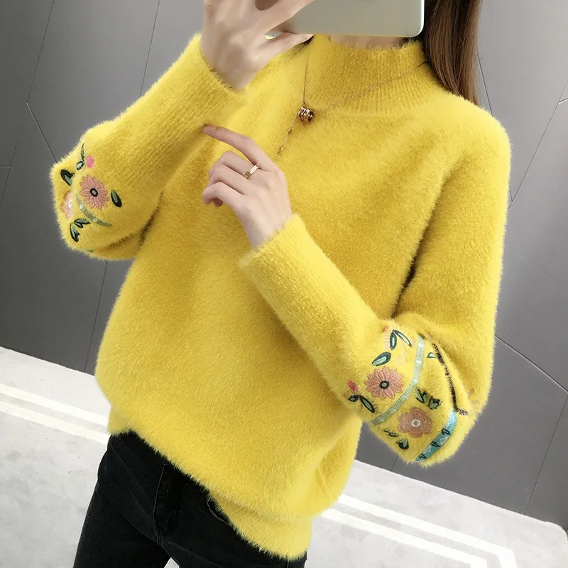 Новинка 2019 Зимний пуловер с вышивкой свитера женские бархатные вязаные из норки
