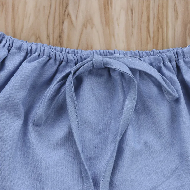 Модный комплект одежды для девочек топы с открытыми плечами маленьких джинсовые