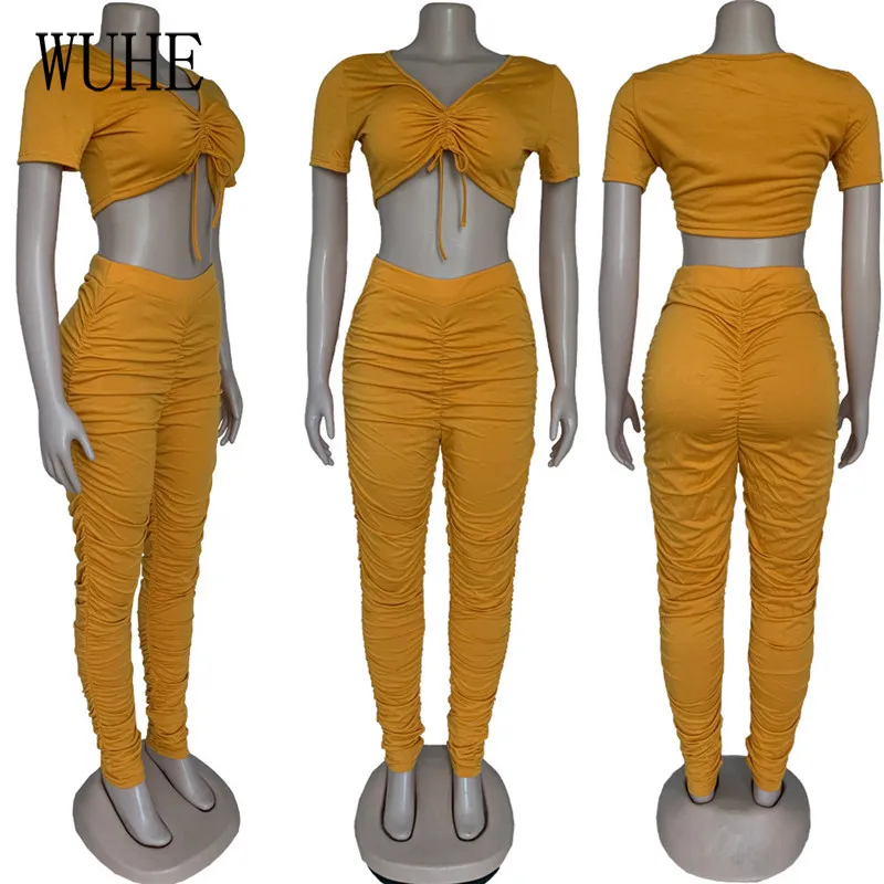 

WUHE Streetwear Outfits Short Sleeve Sexy Deep V Neck Drawstring Lace Up Crop Top +Skinny Pencil Pants Nightclub Party Two Piece